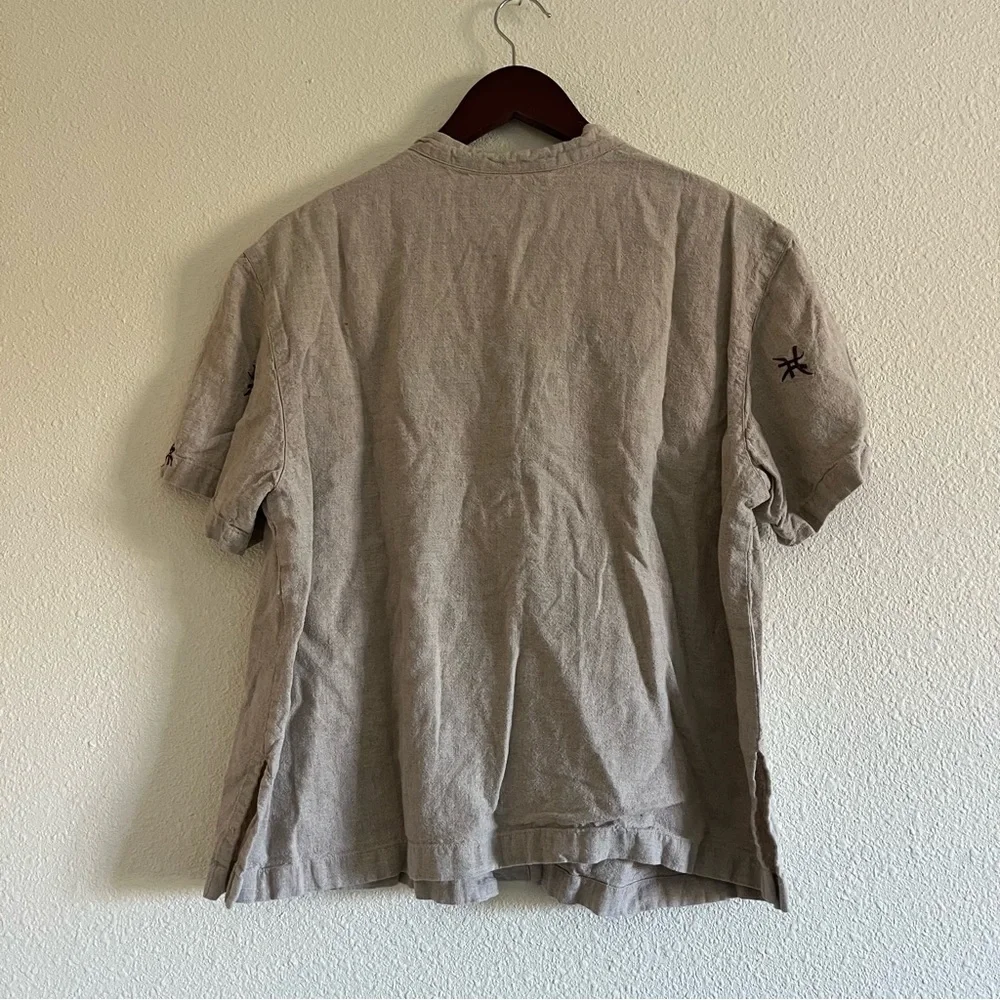 Vintage Positive Attitude Button Up Short Sleeved Linen Type Shirt Tan Floral - Picture 8 of 11